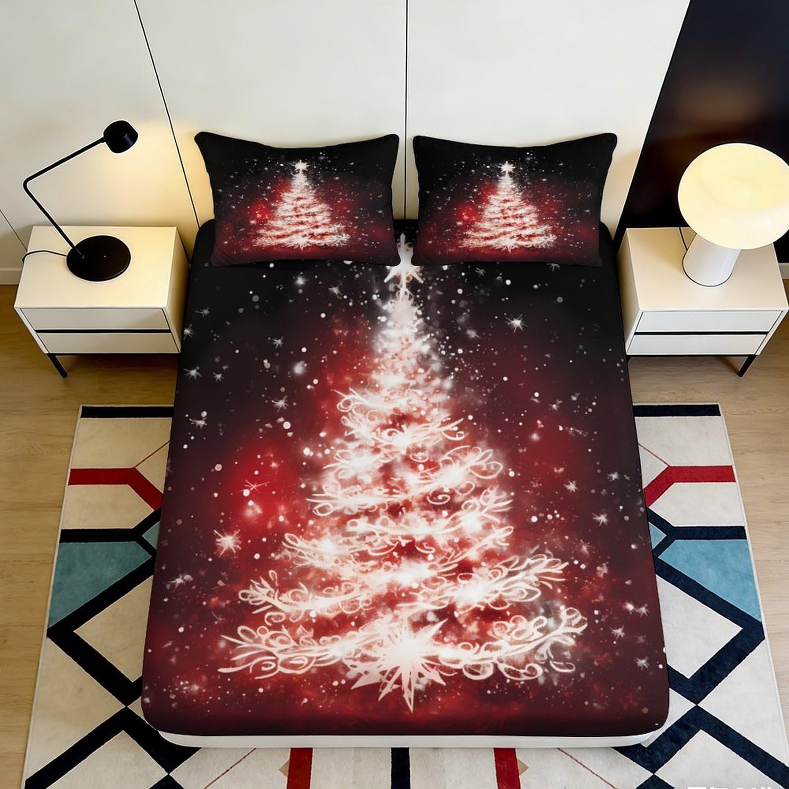 Jqzkxnhpbr Style-1 3D Printed Christmas Tree Fitted Sheet Microfiber Red Bedroom Decor Snowflake Bed Cover For All Ages 90X200x25cm