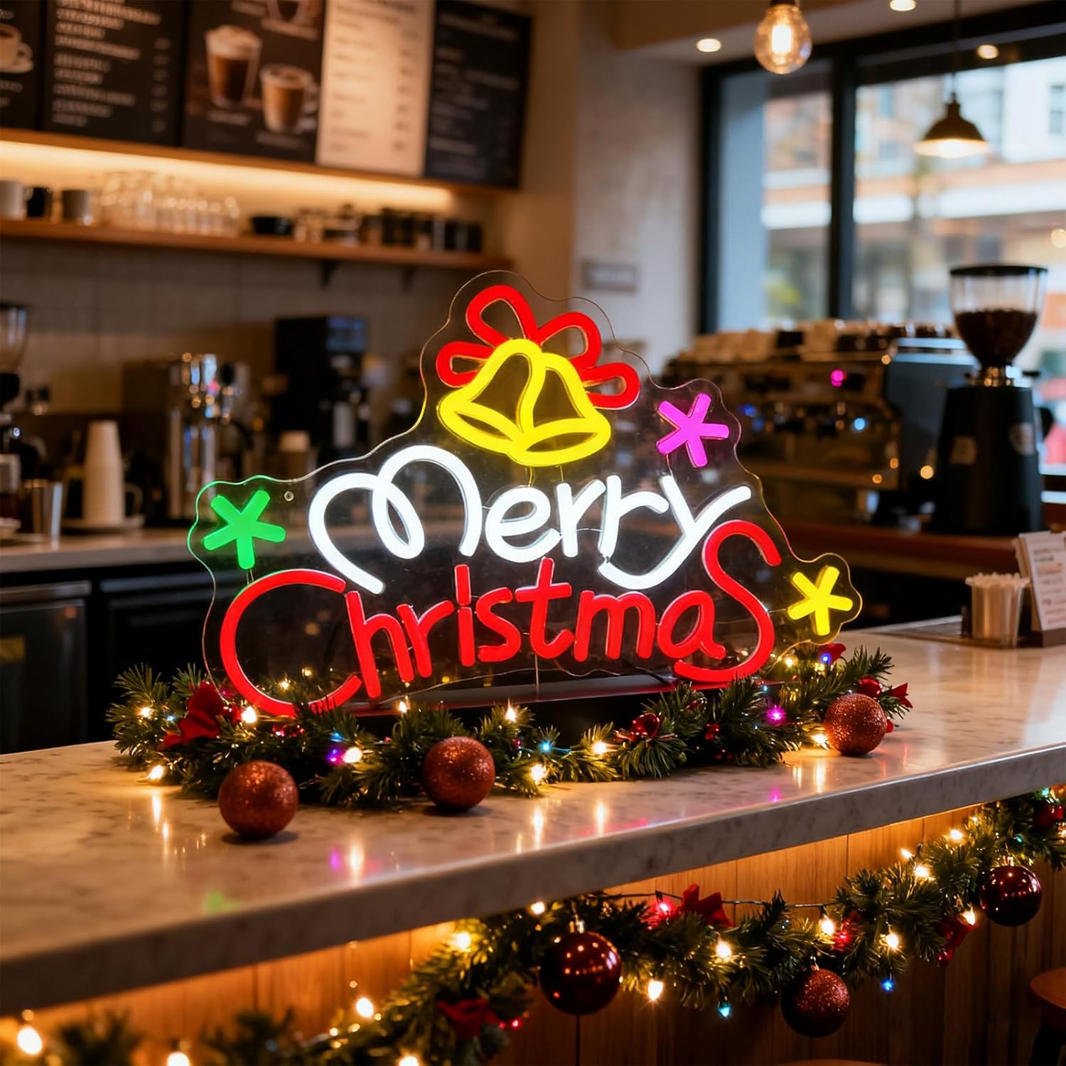 Merry Christmas Neon Sign Dimmable Christmas Bells Neon Light Sign Xmas LED Neon Light up Sign for Party, Home, Shop Door, Window, Bar, Holiday, Festival Wall Decor Gift USB Powered