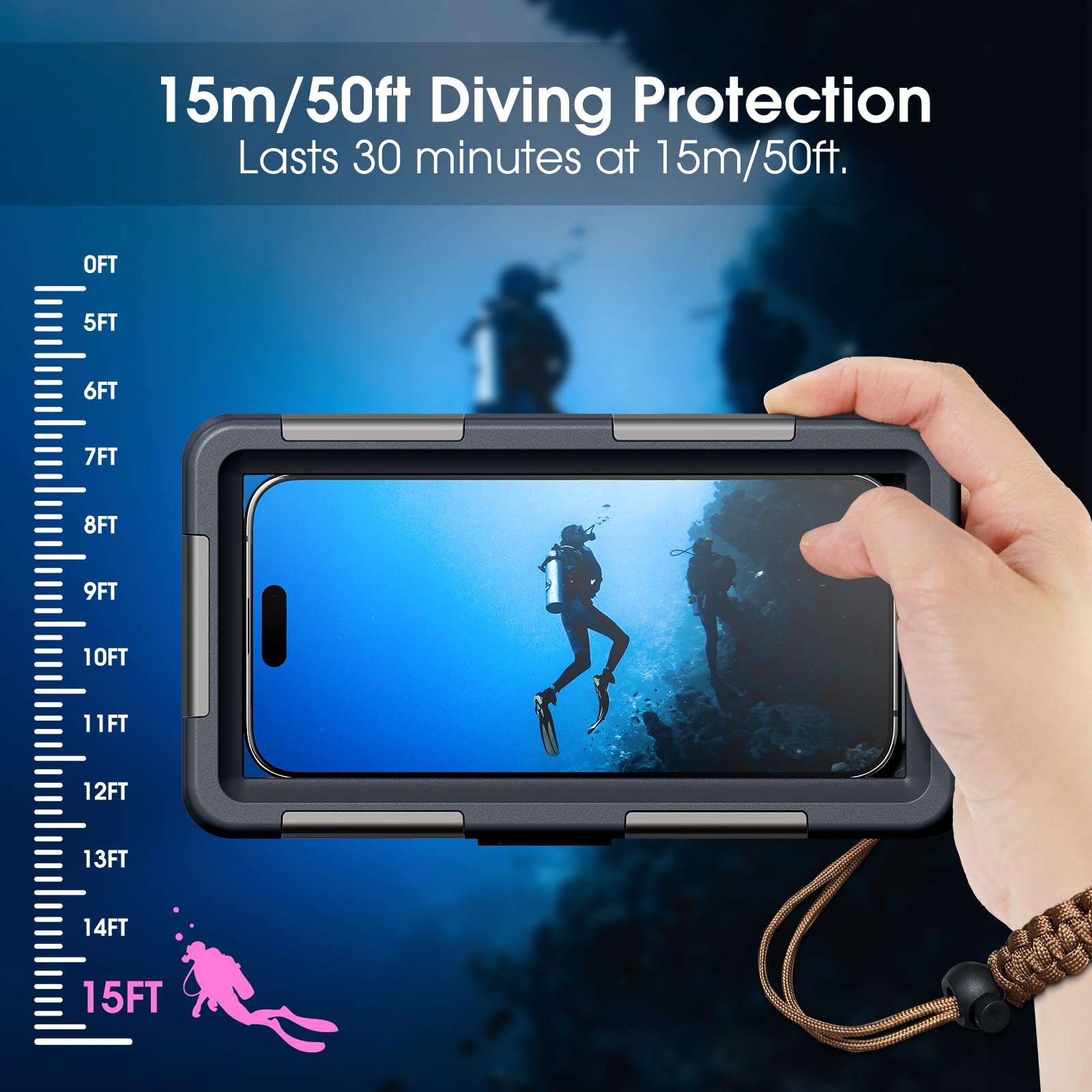 2025 - Funda para iPhone 16/15/14/13/12 Pro Max/XR/XS/X Galaxy S24/S23/S22.[15 pies] Funda impermeable profesional de buceo submarino para fotos y vídeos, color marrón