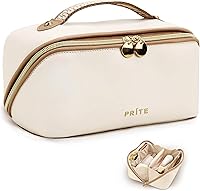 Prite Travel Makeup Bag for Women - Waterproof Vegan Leather Open Flat Cosmetic Toiletry Bag with Clear Divider & Handle, Beige Medium