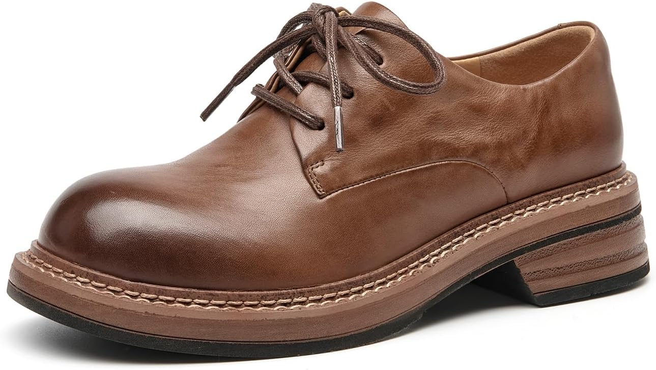 BEAU TODAY Women's Oxfords Dress Shoes, Leather Lace-Up Oxfords for Women, Comfortable Formal Cap Toe Business Casual Non Slip Office Driving Oxfords Shoes