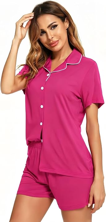 Womens Pajama Set Short Sleeve Button Down Pjs Soft 2 Piece Classic Sleepwear