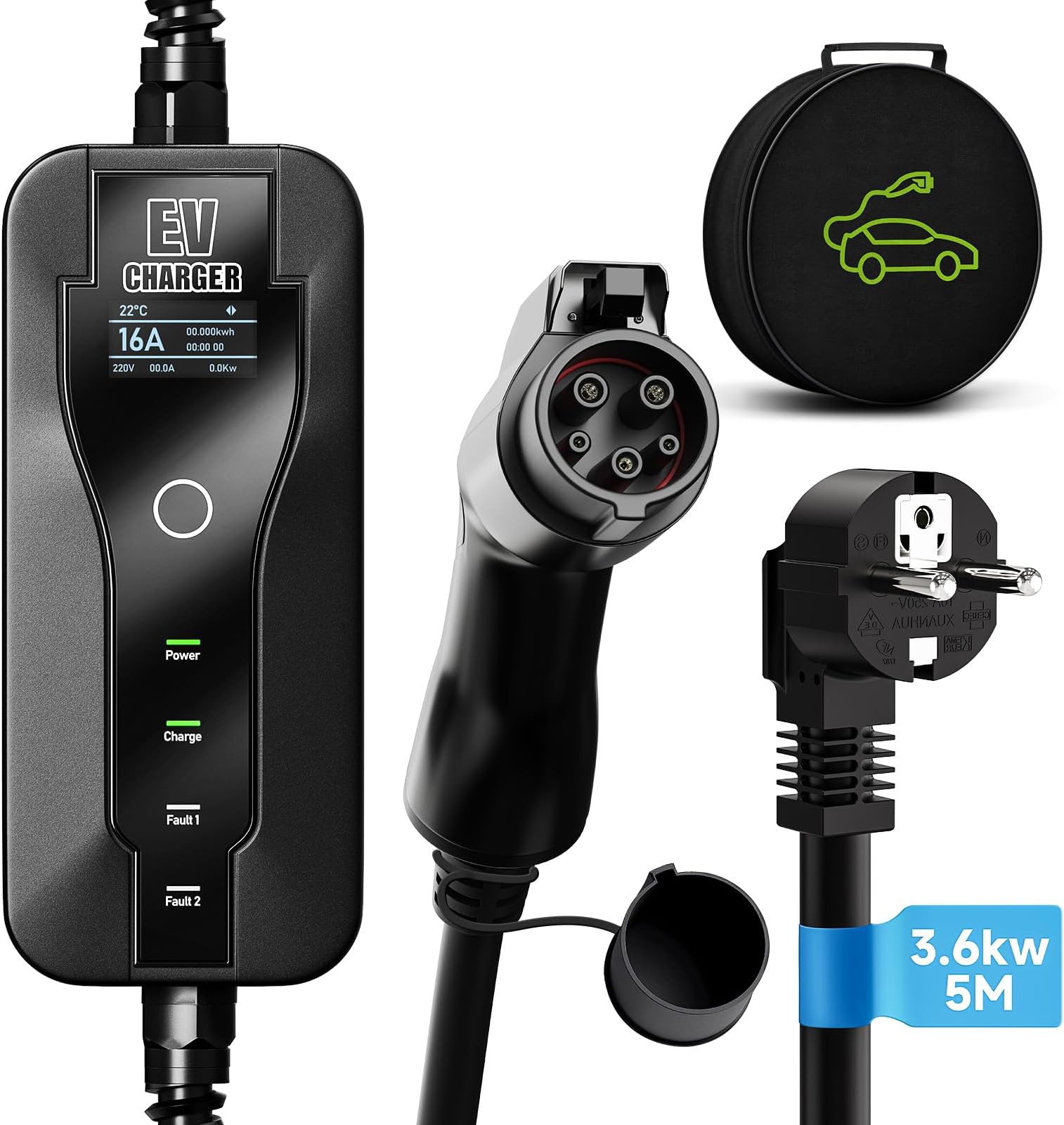 Chargeur Voiture Électrique Portable Type 2 3.5 KW 16A – Câble 5m Rapide Avec LED Et Sac De Transport