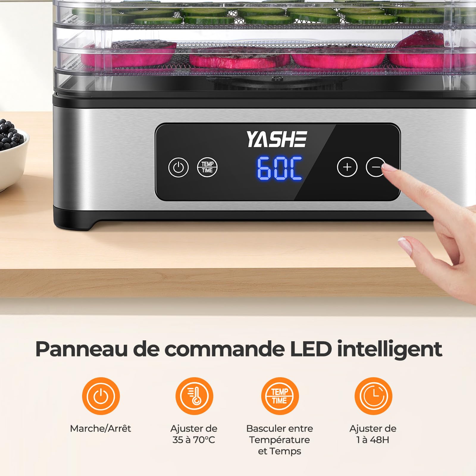 YASHE Déshydrateur Alimentaire, 5 Plateaux En Acier Inoxydable, Minuterie Et Température Réglables, Flux D'Air À 360°, Sans BPA, Déshydrateur 400W Pour Jerky, Fruits, Herbes, Friandises Pour Chiens