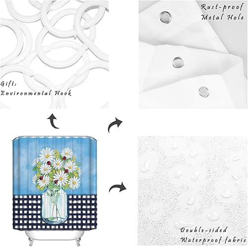 Miniatura 7 de Juego de cortinas de ducha impermeables con 12 ganchos, margaritas blancas y negras a cuadros azul cielo 72 x 72 pulgadas, cortina de ducha para