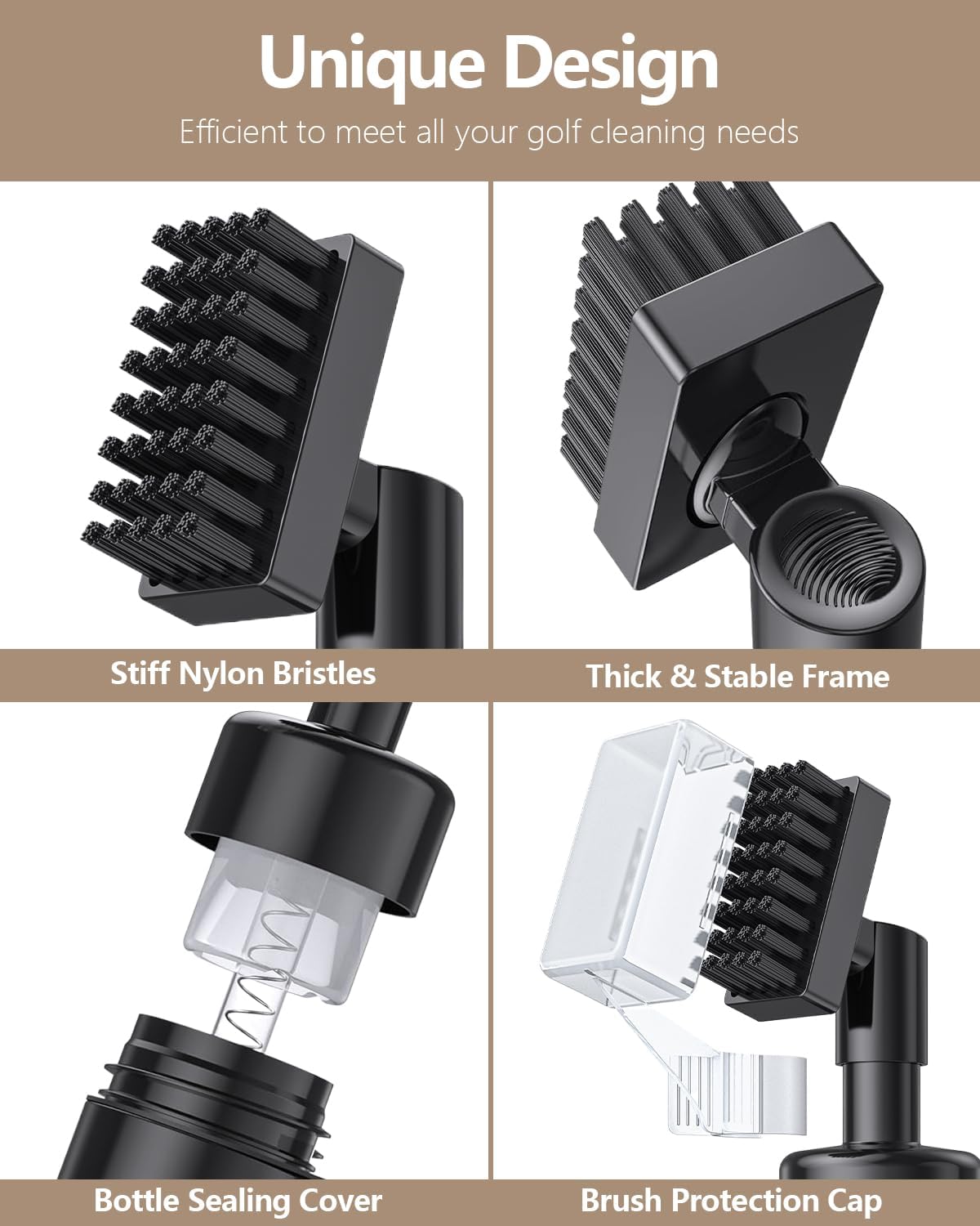 Golf Club Cleaner Brush 2 Pack - 7 Inch Golf Water Brush with 5 Oz Leakproof Bottle, Nylon Bristles & Retractable Hook, Black & White - Image 2