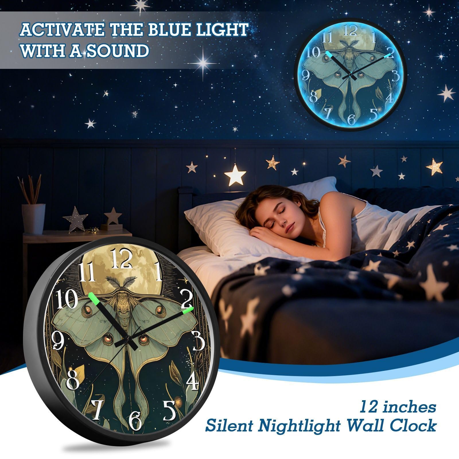Mnsruu Reloj de pared luminoso con diseño de luna, luna, hoja verde, funciona con pilas, silencioso, brilla en la oscuridad, para sala de estar, cocina, 12 pulgadas