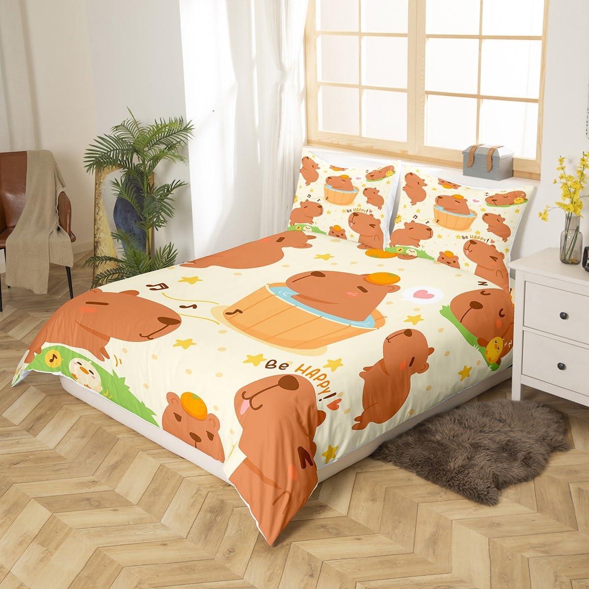 Homemissing Set di Biancheria da Letto con Motivo Cartone Animato di Capybara, Copripiumino Marrone Divertente e Carino per Bambini, Ragazzi e Ragazze, Copripiumino con Stampa di Capybara Floreale