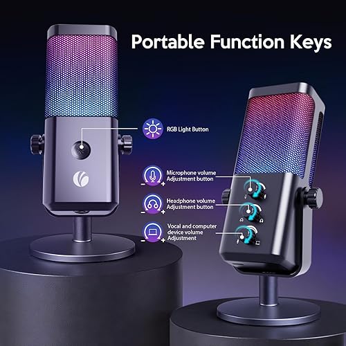 Miniatura 6 de VCOM Micrófono USB para PC, micrófono RGB para juegos con botón de silencio, control de ganancia, auriculares de monitoreo Jack de 0.138 in,