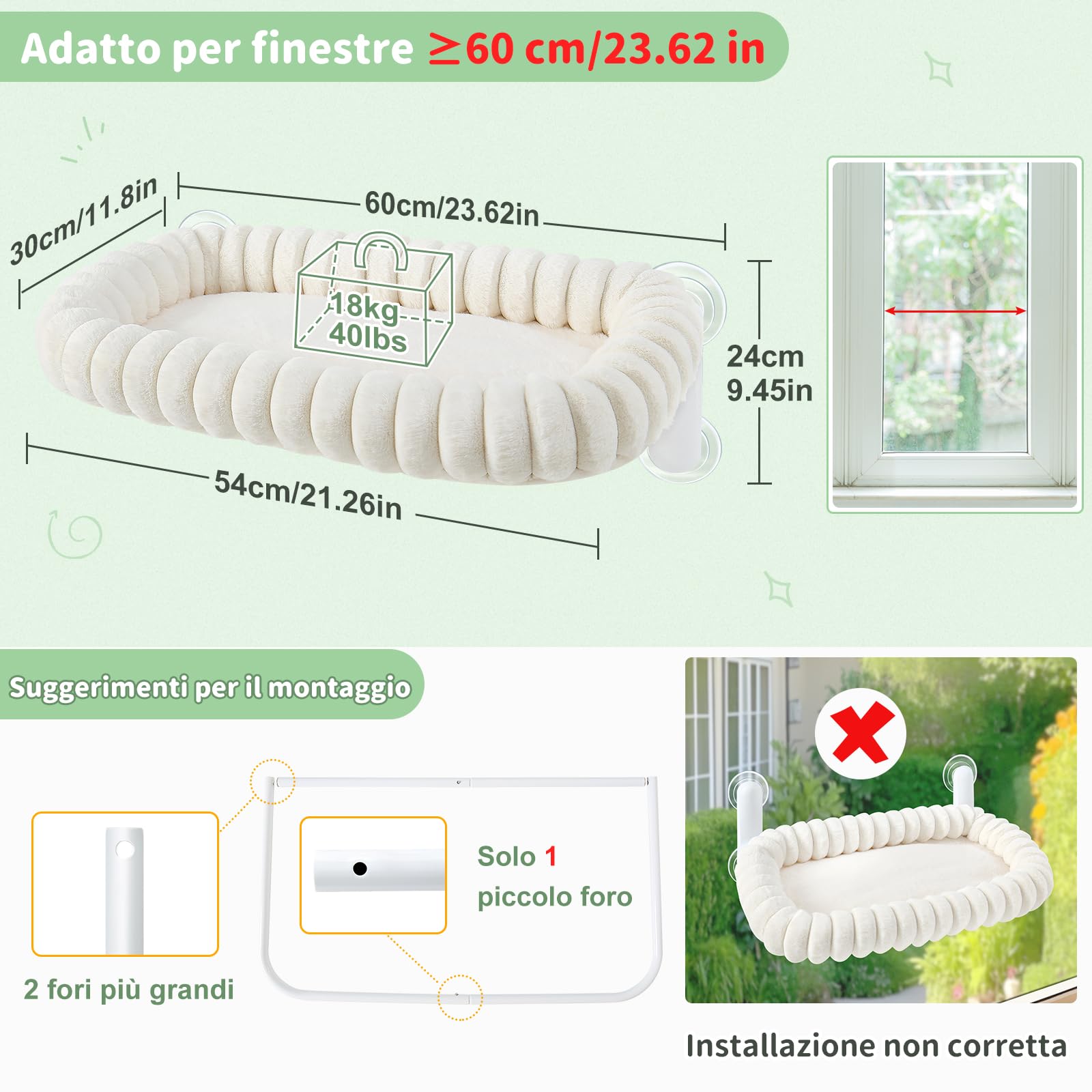 GUUSII HOME Amaca Gatto Finestra Pieghevole Amaca per Gatti Grande Sospeso con Ventosa Cuccia Letto Gattini Interno Fino a 18kg Tappetino Reversibile Facile da Montare 54 * 30cm (Bianco, M)