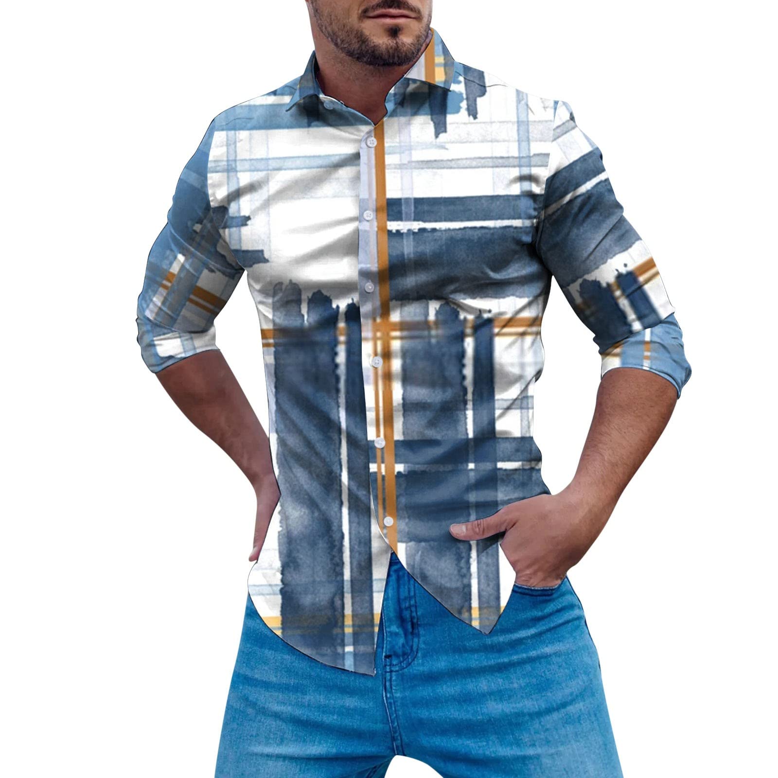 HUTcPNy Camisas Manga Larga Hombre Moderno, Camisa Cuadros Hombre Hawaiana Informal Estampado Guitarra Camisas de Flores Camisa