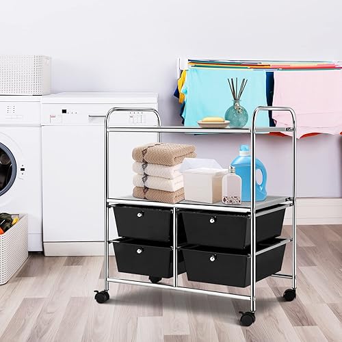 Miniatura 7 de COSTWAY Carrito de almacenamiento de 4 cajones, organizador de almacenamiento móvil con marco de acero y ruedas de 360, carrito utilitario de 4