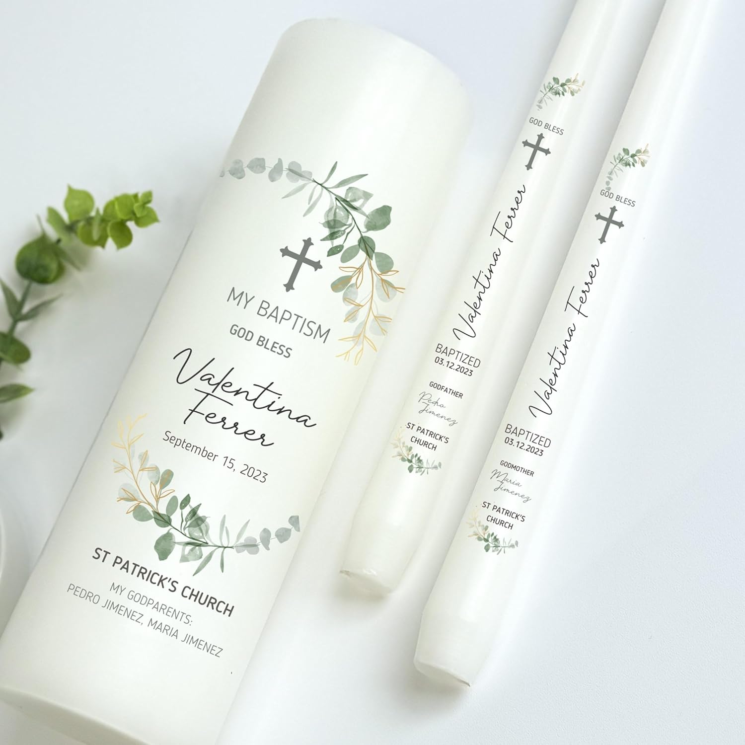 Baptism Candle Set, Set of 3, Personalized Pillar and Taper Candles, Unscented White Premium Wax, Great for Religious Celebration, Christening, Special Events or Gift (Zinnia)