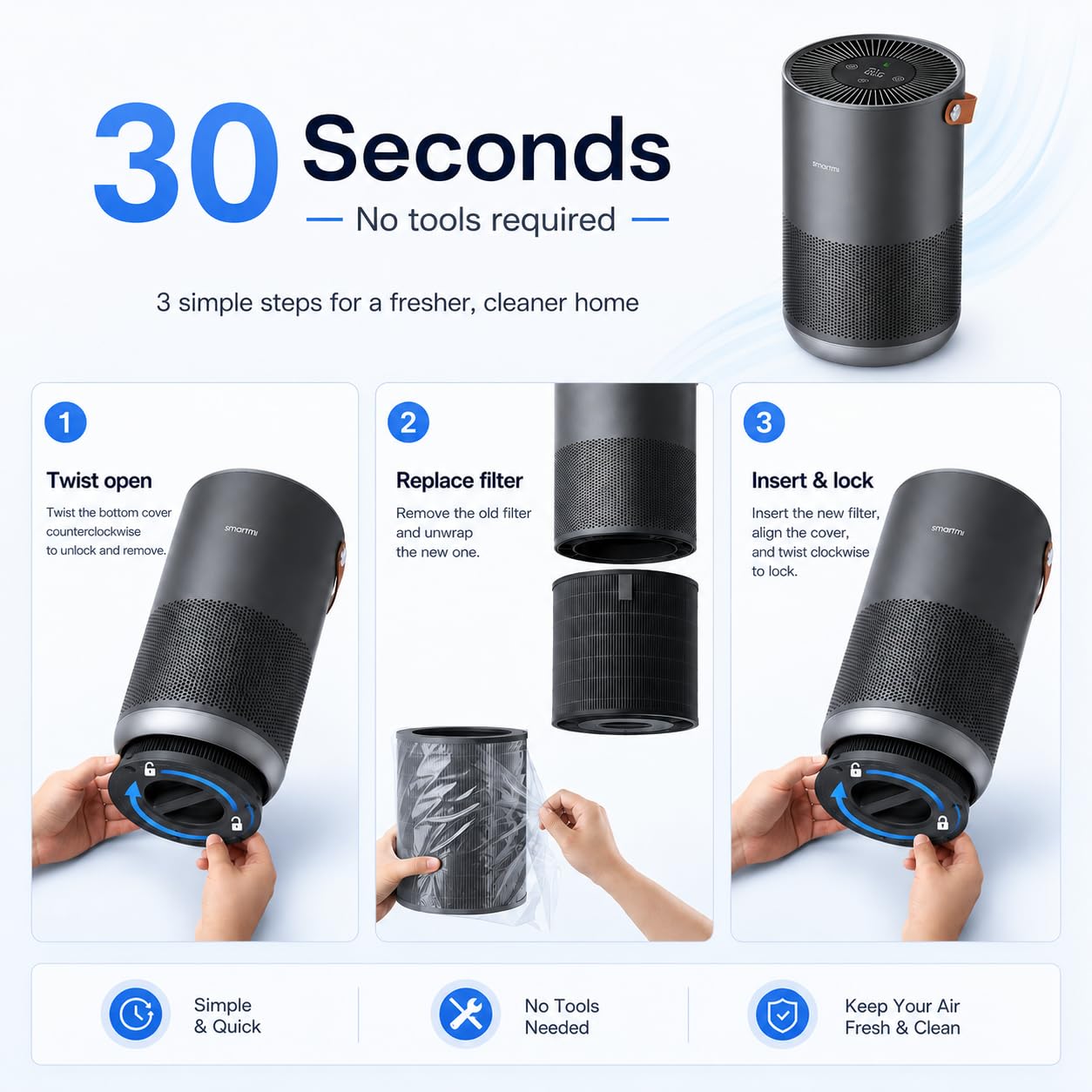 smartmi Purificadores de aire para el hogar, funciona con HomeKit Alexa, purificador de aire inteligente con mango, modo automático, 19 db, partículas de 0.08 µm capturadas, P1 gris oscuro