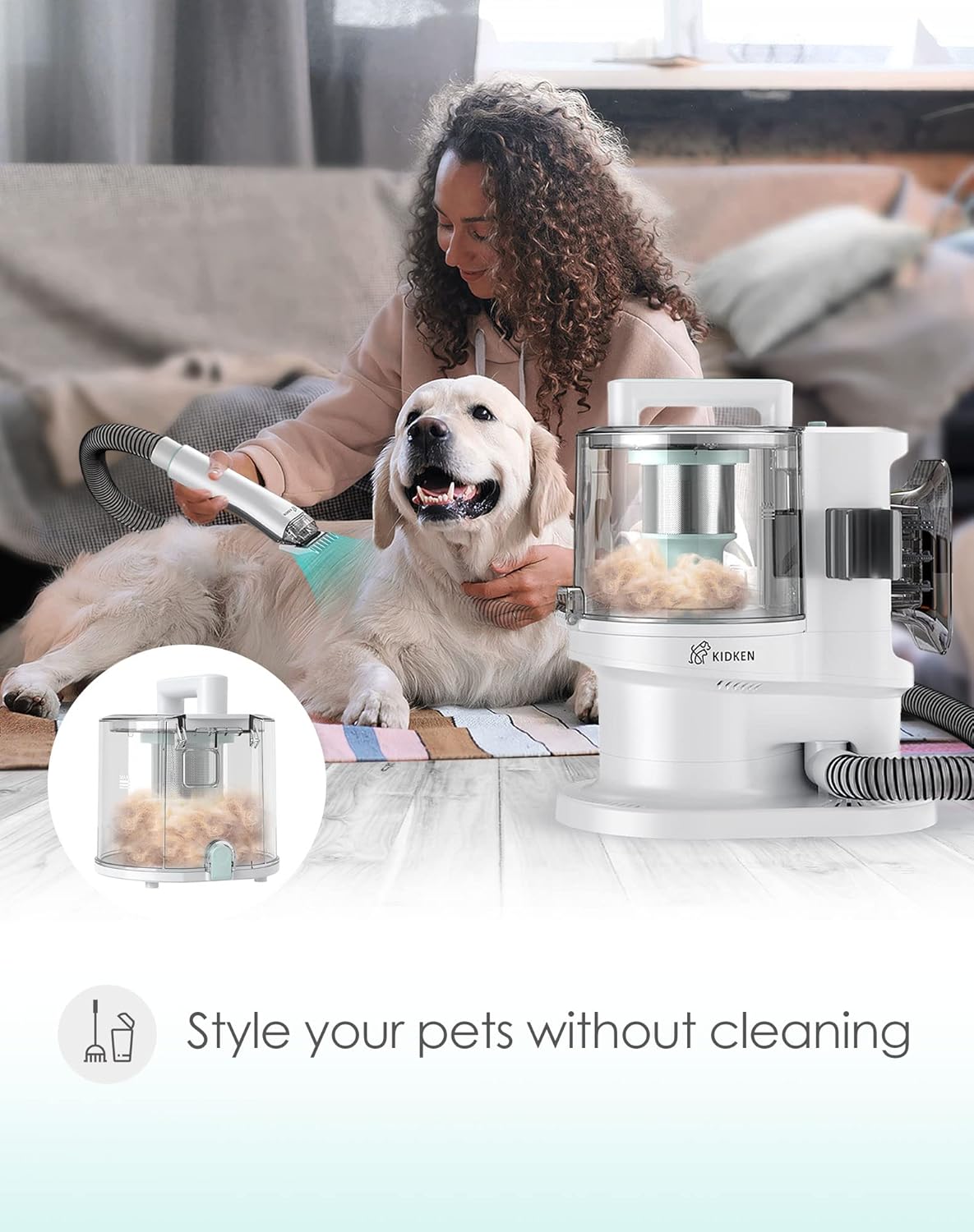 Kidken Low Noise Pet Grooming Vacuum & Dog Grooming Kit with 3.3L Capacity Larger Pet Hair Dust Cup Dog Brush for Shedding Pet Hair Vacuum Cleaner with 4 Proven Grooming Tools for Dog Cat Pet Hair