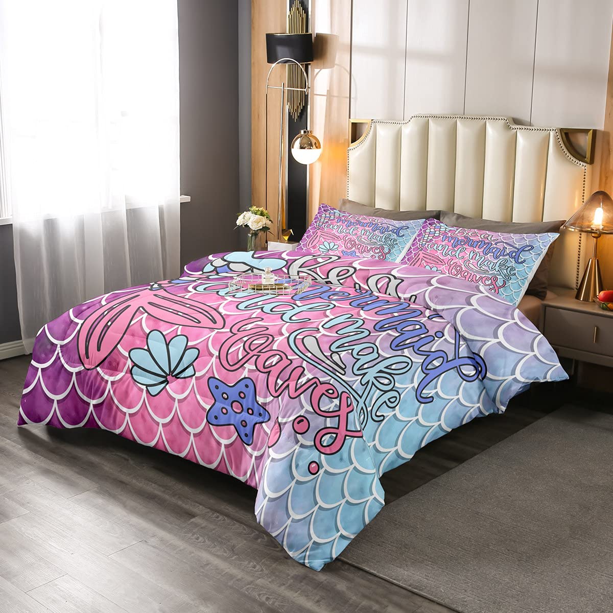 Mermaid Duvet Insert/Quilt Mermaid Tail Scales Comforter Girls Fish Scale Bedding Set for Kids Boys Teens Ocean Marined Duvet Set Pink Blue Soft Single Size Down Comforter 2Pcs โ image 1