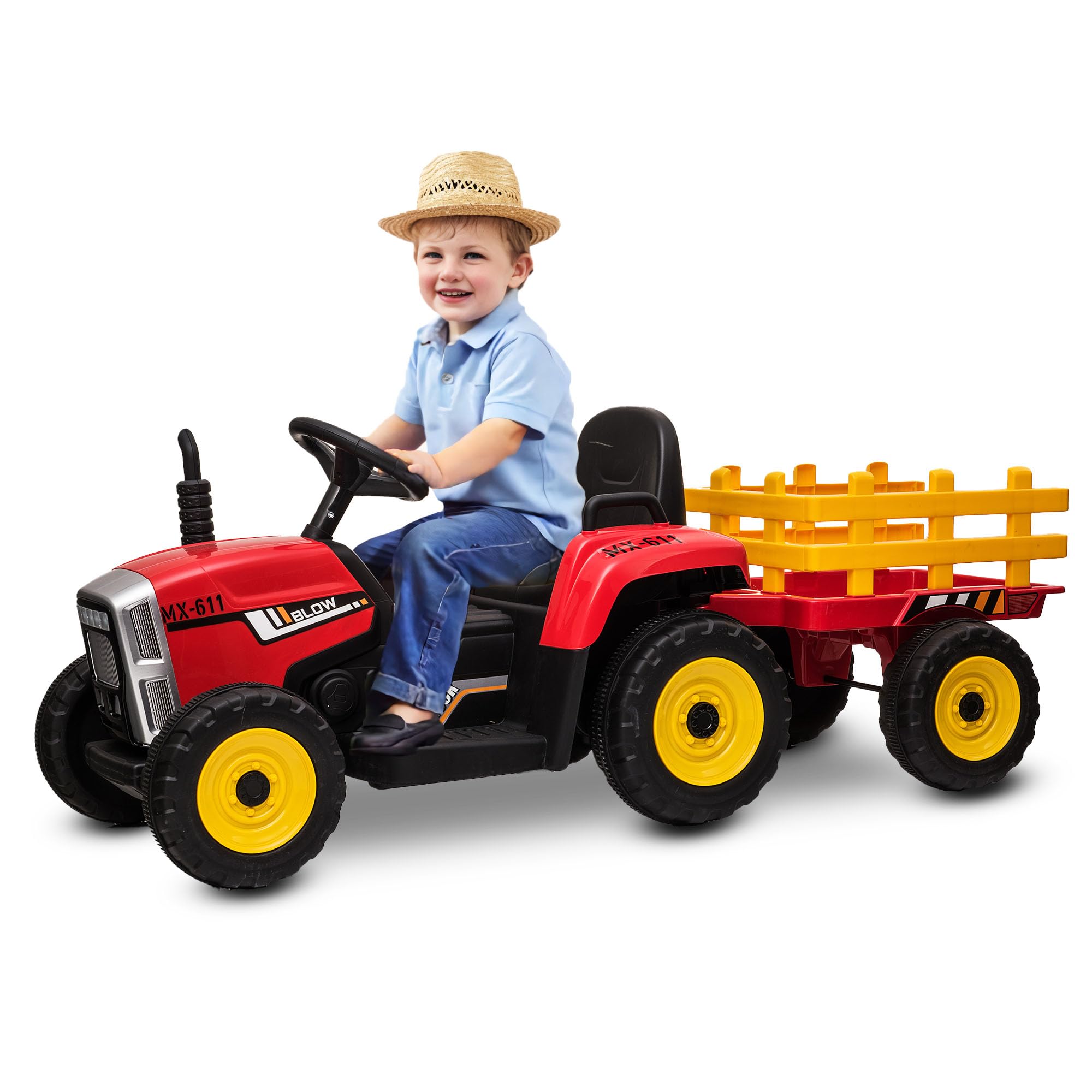 BABYCAR Trattore Elettrico per Bambini con Rimorchio (Rosso) – Macchina elettrica per Bambini, Batteria 12V, 2 motori, Trattore Elettrico con Luci e Telecomando