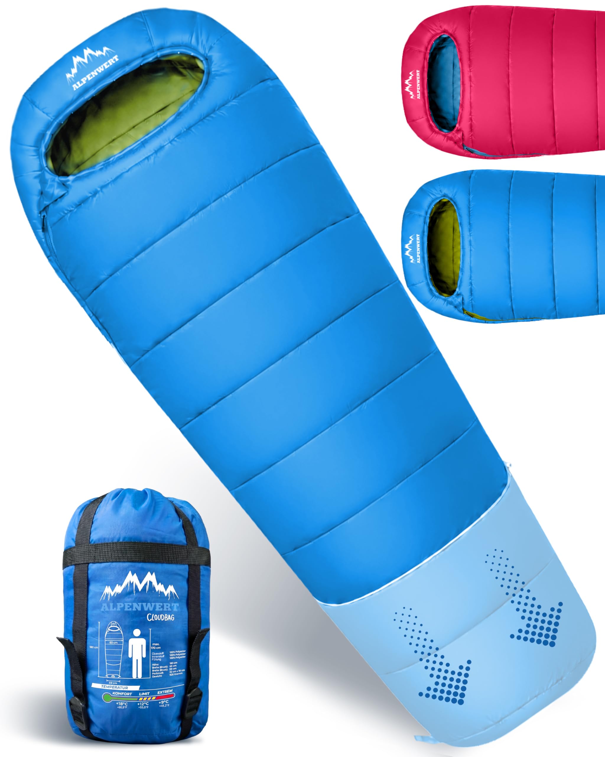ALPENWERT® Kinderschlafsack Sommer – wächst mit! [130–170 cm] – Nur 920g, Kompakt [32×19 cm] – Perfekt für Camping, Festival, Outdoor – Mumienschlafsack ab 6 Jahren