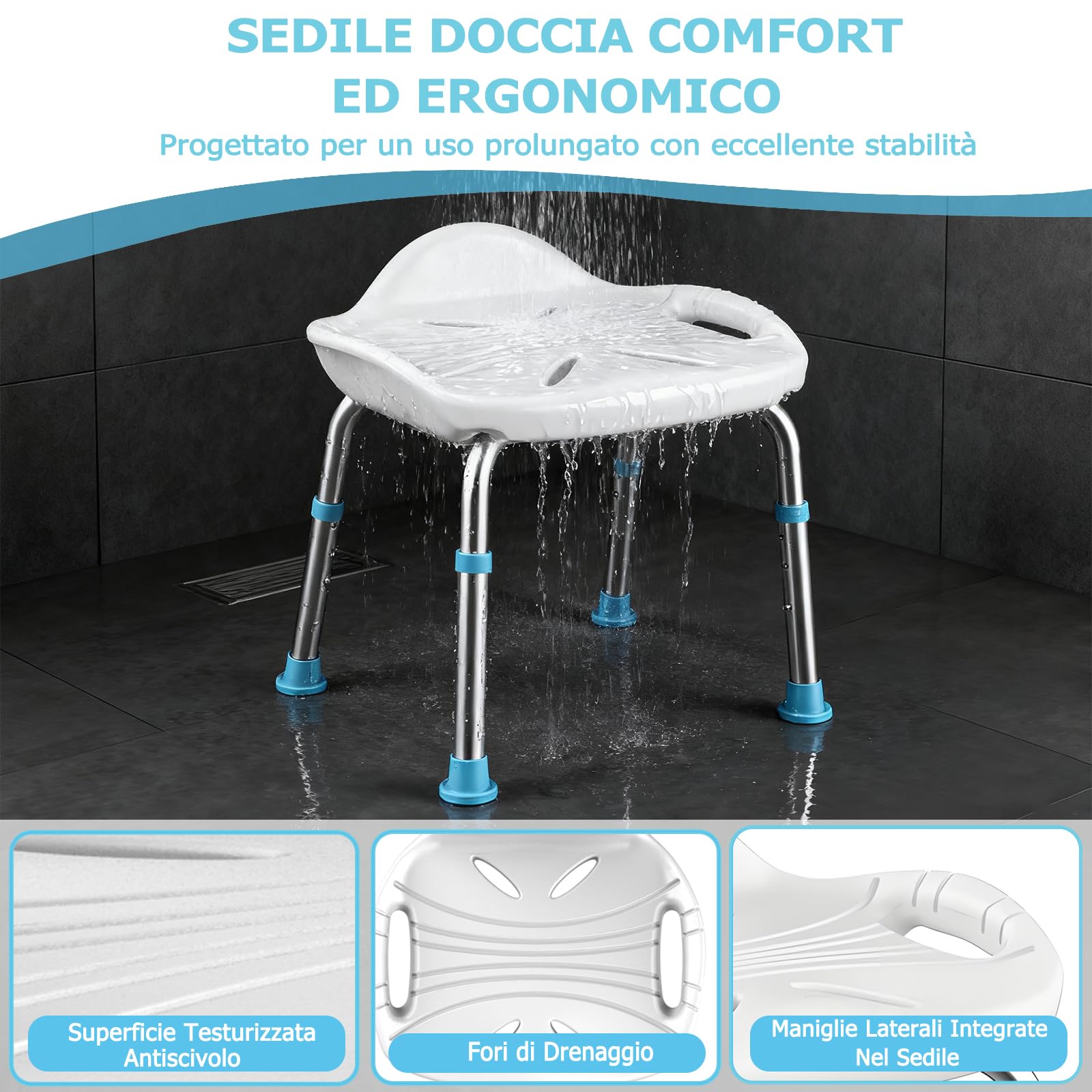 Sgabello Doccia per Anziani, Sedia da Doccia Extra Largo da 48 cm, Sgabello da Bagno in Alluminio con Altezza Regolabile 41-51 cm, Piedini Antiscivolo, Piccolo Schienale, Portata 200 kg