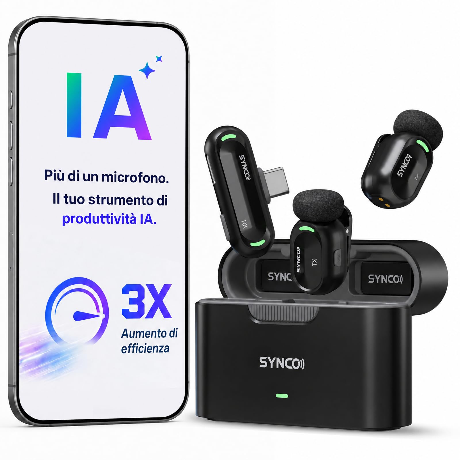 SYNCO SMICT Microfono Wireless AI per Android, Lavalier USB-C con Traduzione in Tempo Reale, App AI Bluetooth, Riduzione Rumore, 2 Microfoni per Vlog, Streaming e Interviste