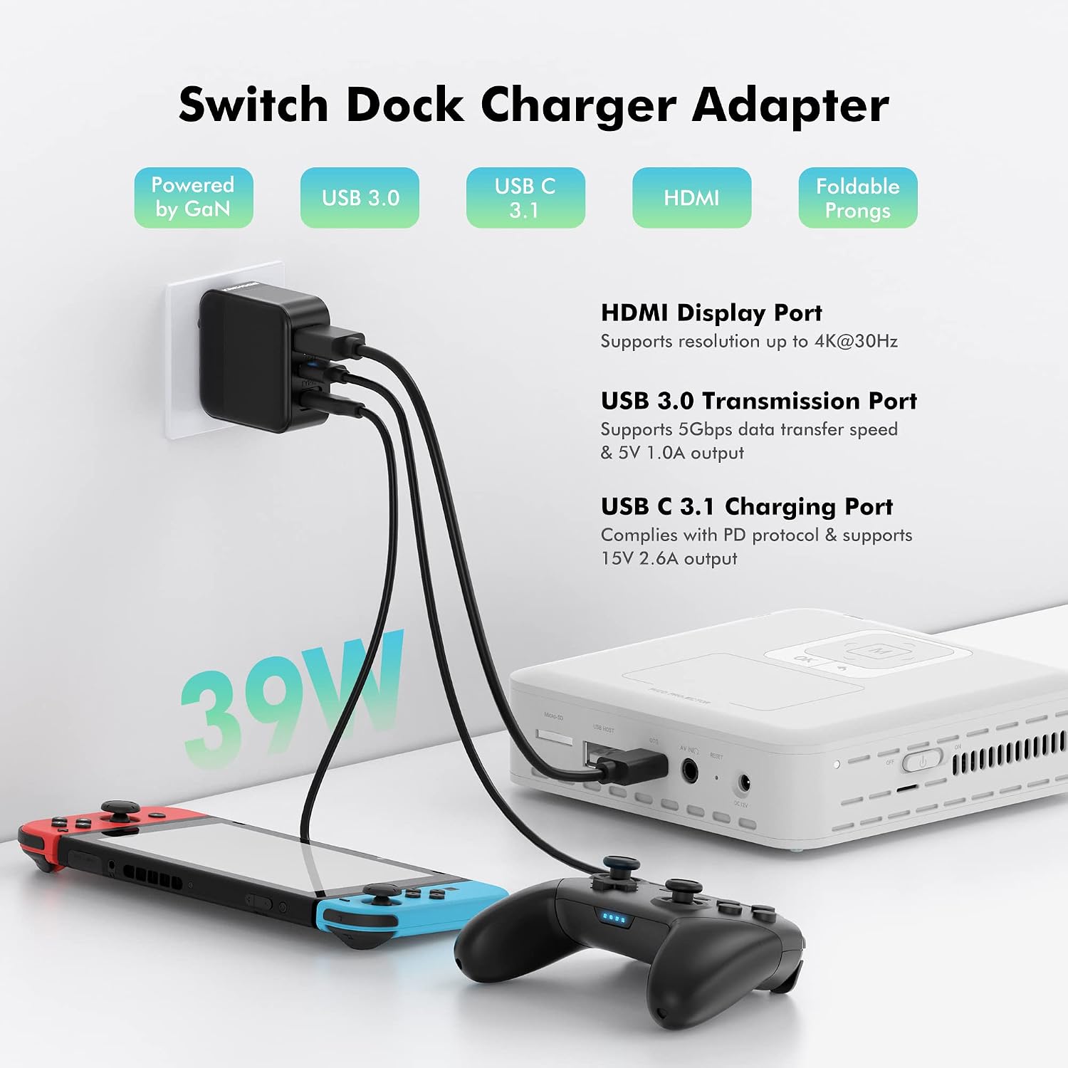 Switch Dock Charger Adapter for Switch OLED, 3 in 1 Switch Charger for TV, Switch TV Dock with USB 3.0 Port, Covert Dock Switch for Android Smartphone Tablet, 1.2M Power Cord