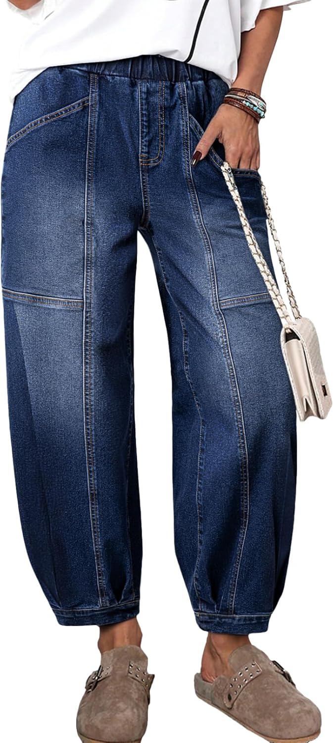 Sidefeel Barrel Jeans for Women Trendy Wide Leg High Waisted Cropped Baggy Relax Fit Stretch Pocketed Denim Ankle Pants