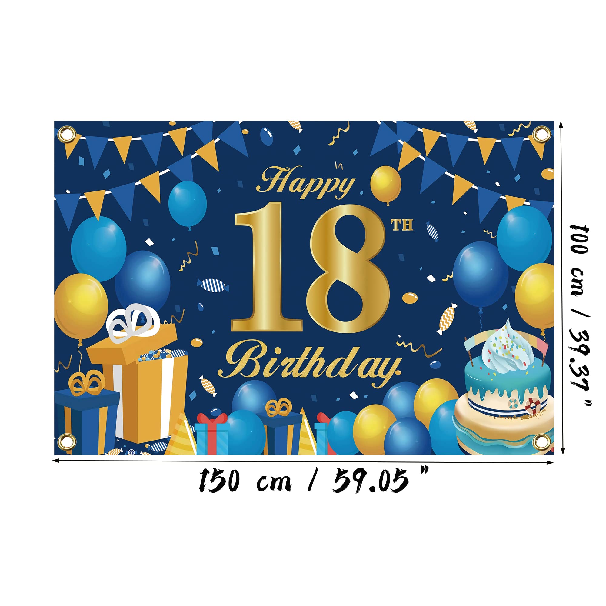 Zercart Hintergrundbanner Zum 18. Geburtstag – Schwarz-gold, 180x110 Cm, Mit Haken & Seil, Waschbar, Perfekt Für Partyfotos & Deko