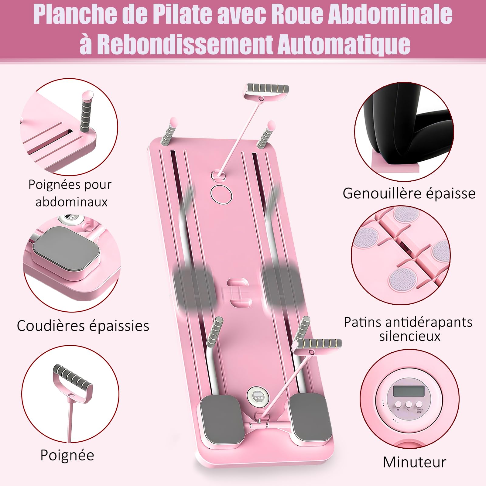Pilates Board, 5 en 1 Pilates Reformer avec Roue Abdominale à Rebondissement Automatique et Minuterie, AB Roller Machine Pliable Multifonctionnel pour la Maison et la Salle de Sport
