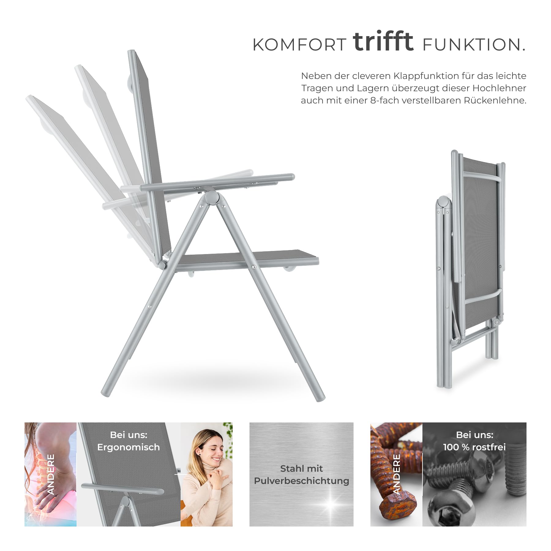 TecTake® 6er Set Gartenstuhl klappbar, 54,5 x 65 x 107,5 cm, 8-Fach verstellbare Rückenlehne, wetterfest, Textilene, Verstellbarer Hochlehner, Outdoorstuhl, Gartenmöbel, Klappsessel - Silber