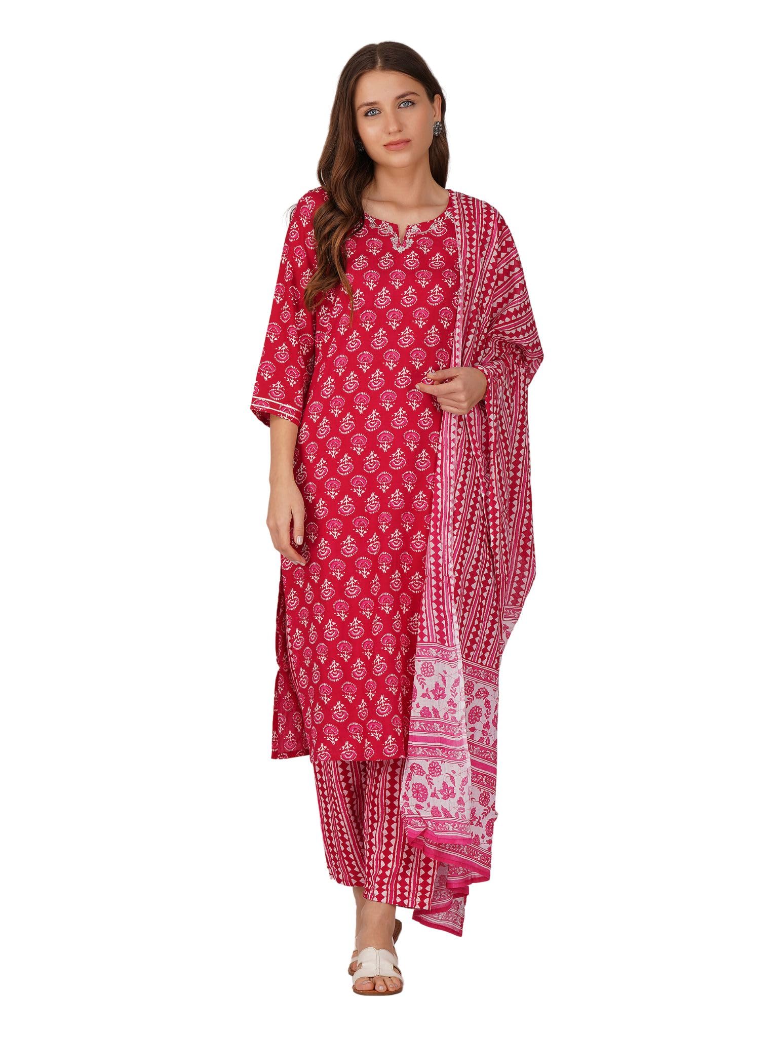 Rytras Women's Printed Straight Kurta With Pant And Dupatta(Ryt219,Pink,M)