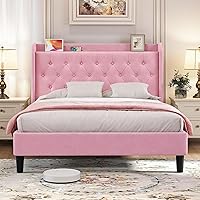 Vista 15 de koorlian Marco de cama tamaño completo, marco de cama completa con cabecero, marco de cama tapizado de terciopelo ajustable con puerto tipo C y USB