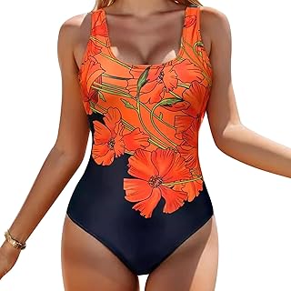 Traje de Baño de Una Pieza, Bañadores Mujer Reductores, Control de Barriga Fruncido Bañador Halter Cuello en V Push Up, Sexy Slim Swimsuit en Flores de Naranja