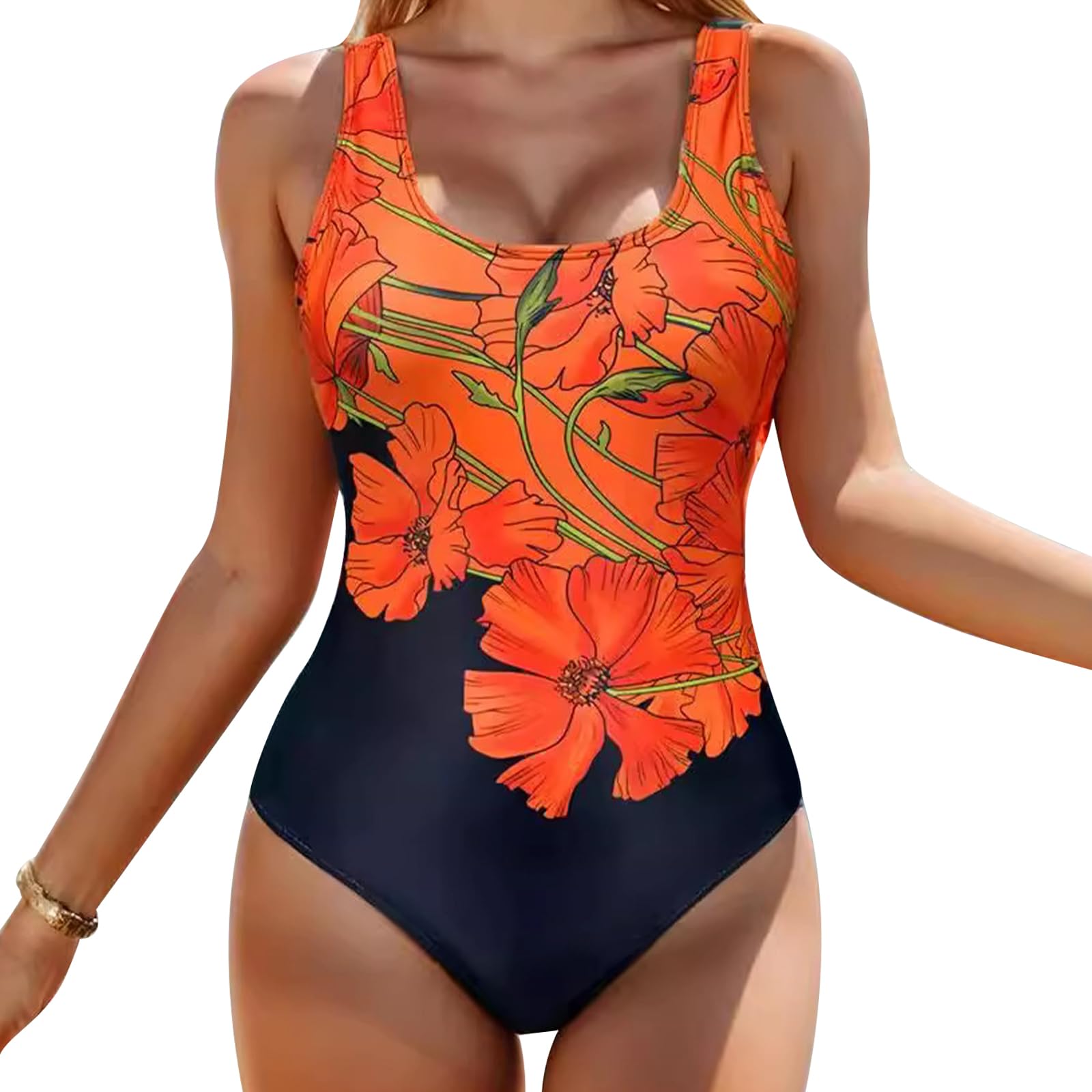 TYXHXTF Traje de Baño de Una Pieza, Bañadores Mujer Reductores, Control de Barriga Fruncido Bañador Halter Cuello en V Push Up, Sexy Slim Swimsuit en Flores de Naranja