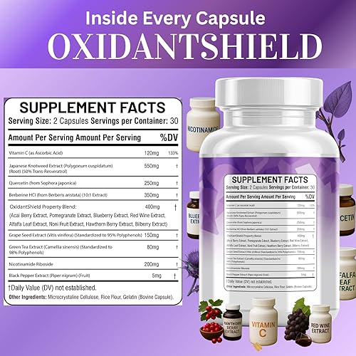 Miniatura 5 de Complejo de resveratrol y berberina con quercetina, semilla de uva, té verde, vitamina C y ribósido de nicotinamida - NAD+ y polifenol antioxidante,