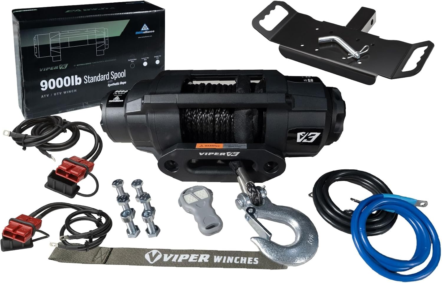 VIPER V3 9000lb UTV/ATV Military Grade Winch with 40 feet Black Synthetic Rope. Wireless & IP68 Waterproof. USA Powersports Company.