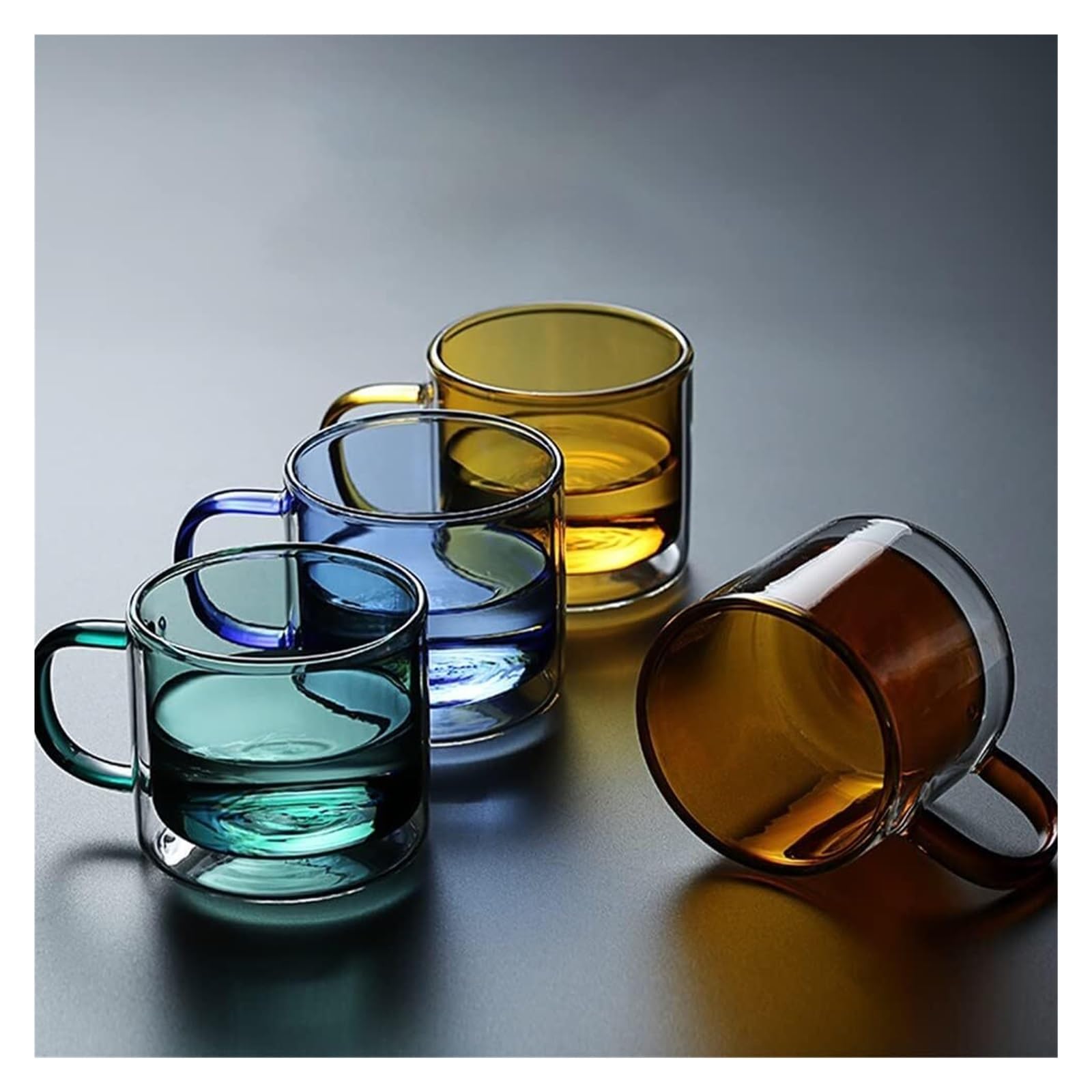 Doppelwandiges Kaffeetassen-Set aus Glas mit Henkel, wiederverwendbare isolierte Kaffeetasse, farbige Trinkgläser, Weingläser, Glasgeschirr, Trinkgläser, Teetasse, 250 ml/9 oz(Four Piece Set)