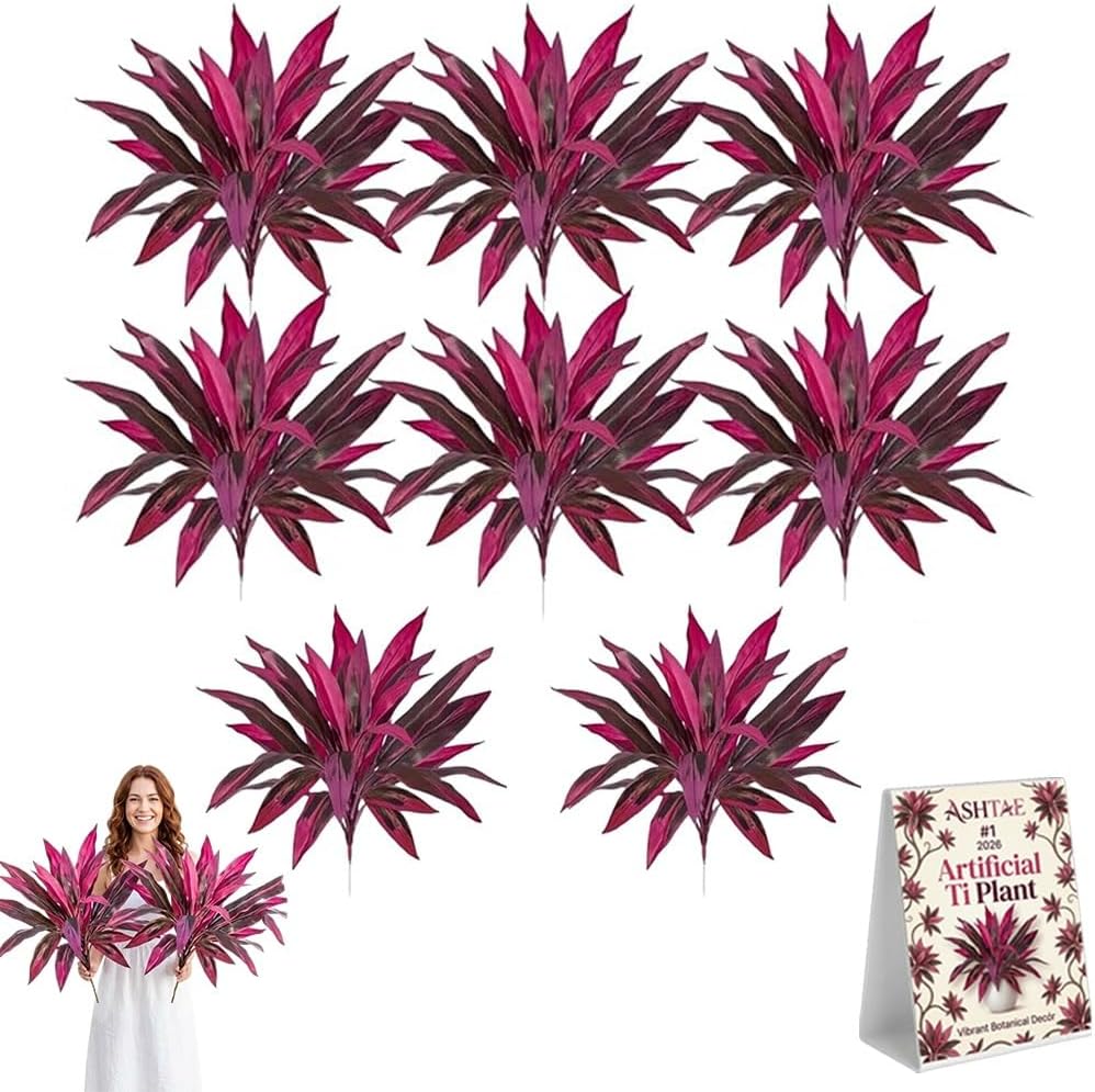 2Pcs Large Realistic Artificial Boston Fern & Dragon’s Blood Tree Plants with Vibrant Pink Purple Leaves Faux Foliage UV Resistant Fake Ferns for Outdoors Garden Patio Wedding Balcony(6PCS)