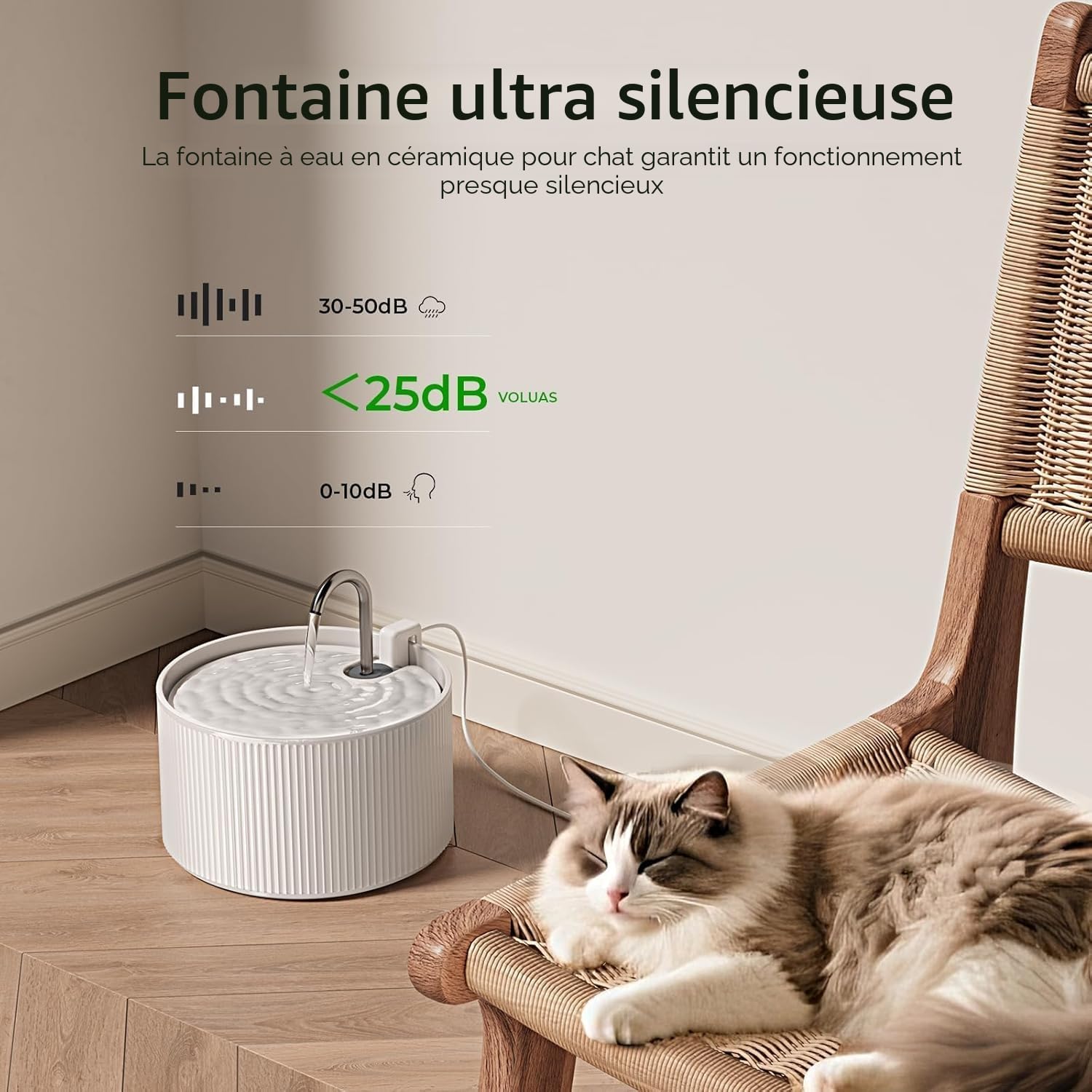 Fontaine à eau automatique en céramique pour chat - 2,2 l - 74 oz - Avec pompe ultra silencieuse et 3 filtres de rechange