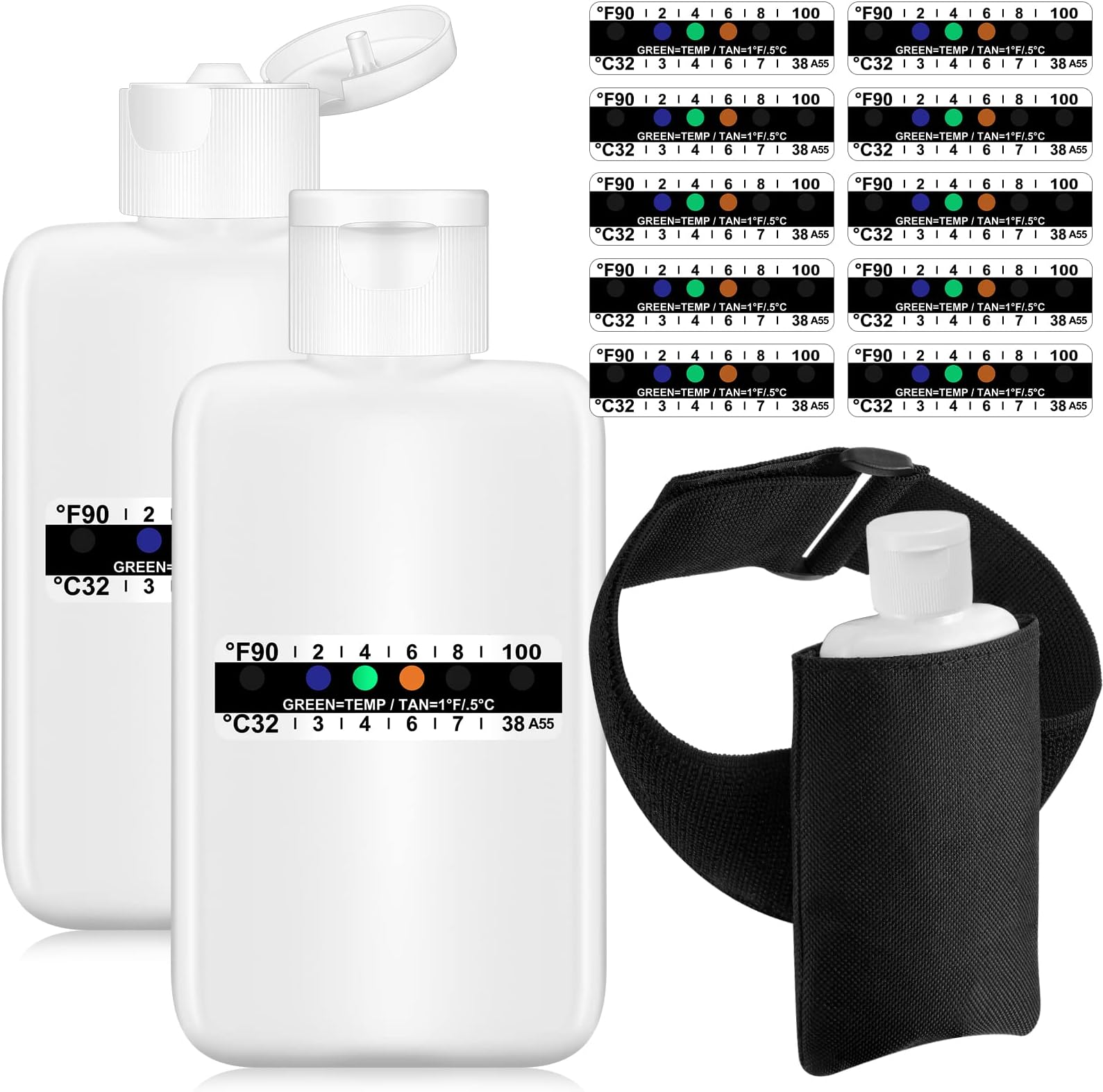 14 Pcs Urine Show Complete Kit 2 Portable Empty Bottles 10 Adhesive Temperature Show Strip Hidden Leg Strap Urine Oxford Pouch Urine Test Bottles (Flip Style)