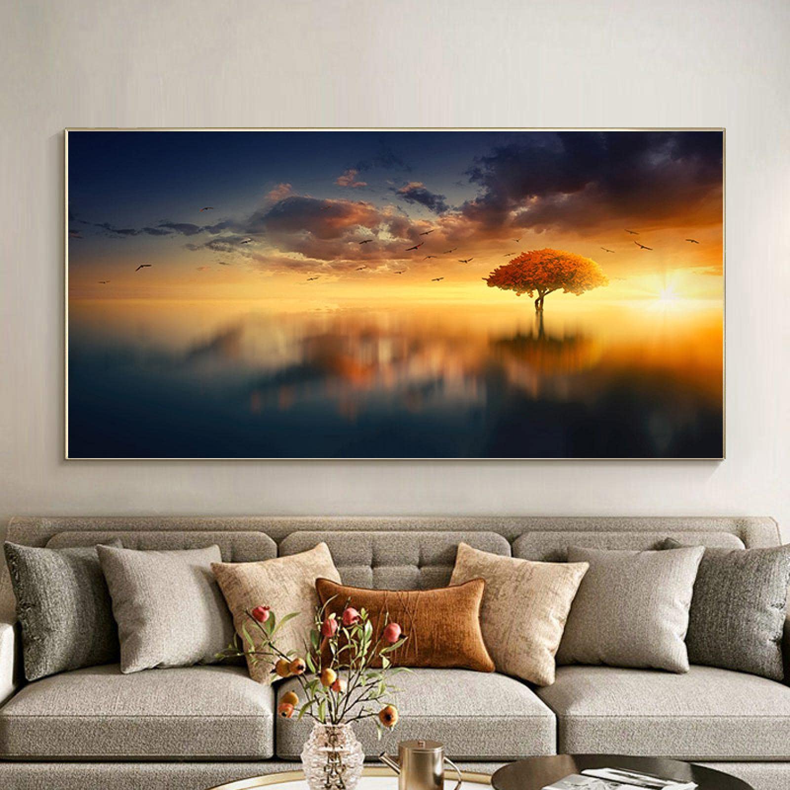 Affiches impressions paysage arbre rouge et lac bleu 70x140
