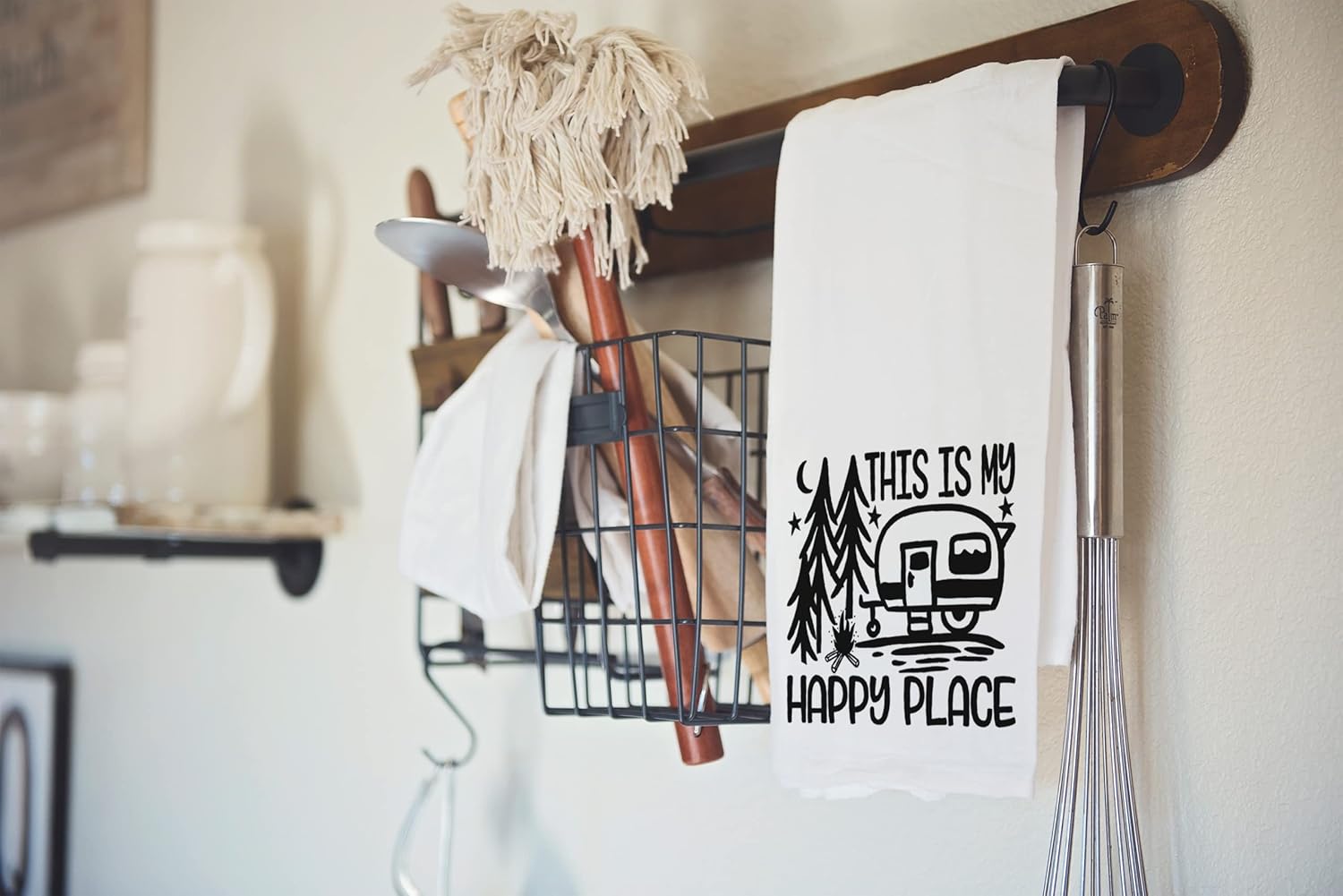 Handmade Funny Camping Kitchen Towel Set - 100% Cotton Funny Sayings Dish Towel for RV Camping Accessories- 28x28 Inch Perfect for Housewarming-Christmas-Camping Gifts (Lets Get Lit & Happy Place)