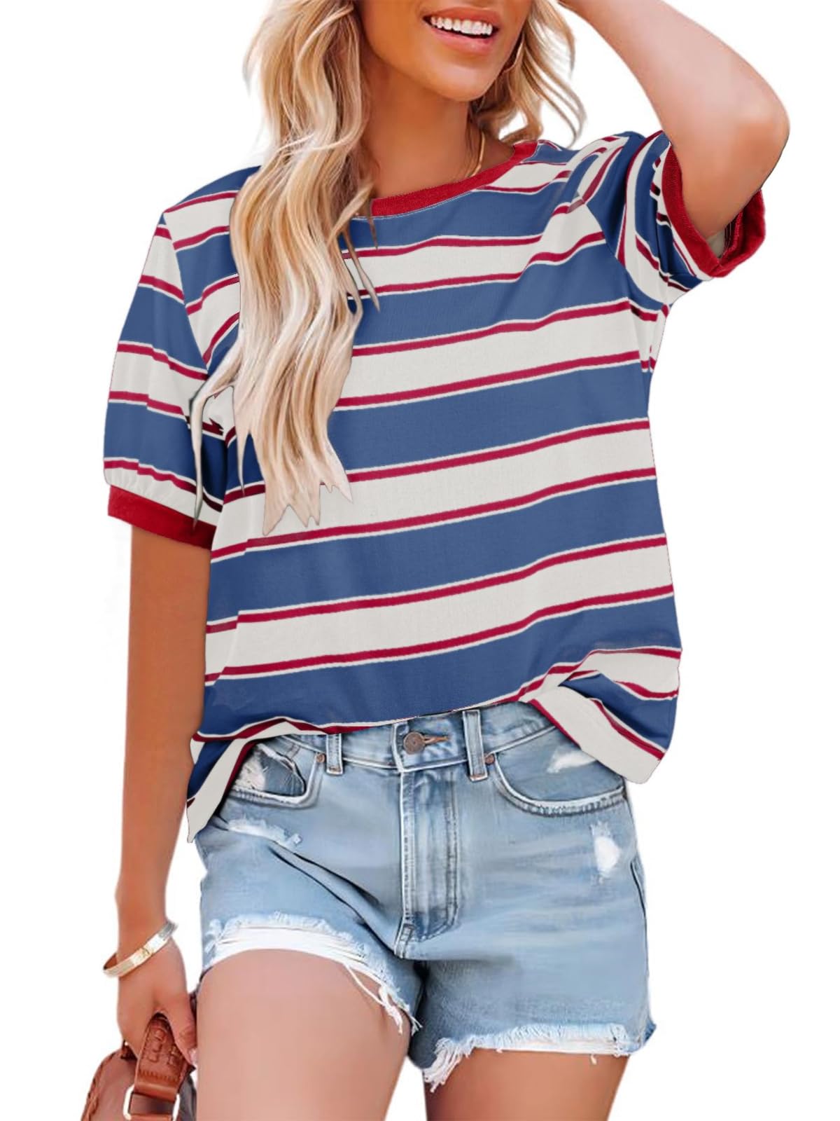 Cuptacc Tshirt Damen Rundhals Locker Oberteile Bunt Gestreiftes Tunika Damen Sommer Casual Baumwolle T Shirt Kontrast Kurzarm Oberteile