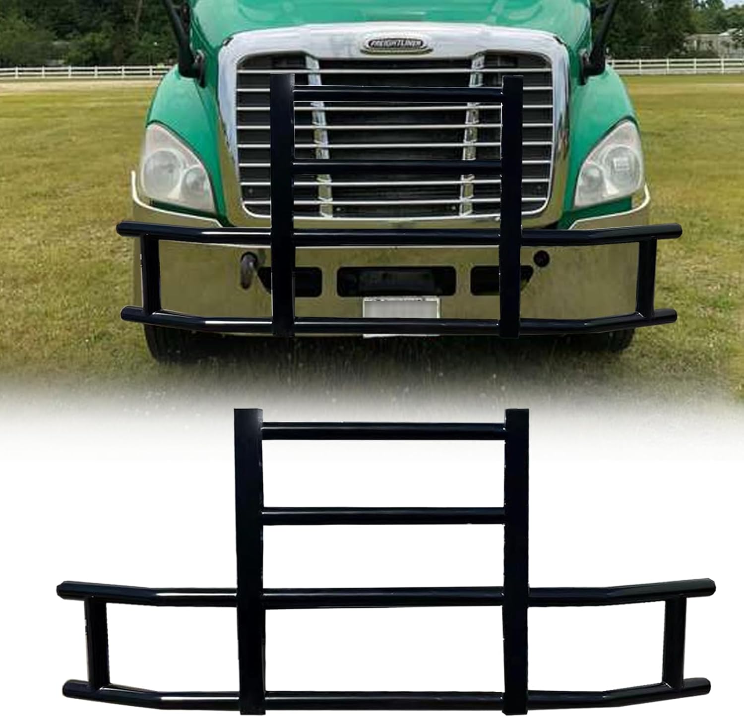 Deer Guard Compatible with 2008-2017 Freightliner Cascadia, Deer Bumper Guard w/Bracket Premium Iron Large Front Deer Guard Bumper (Style 1), Black
