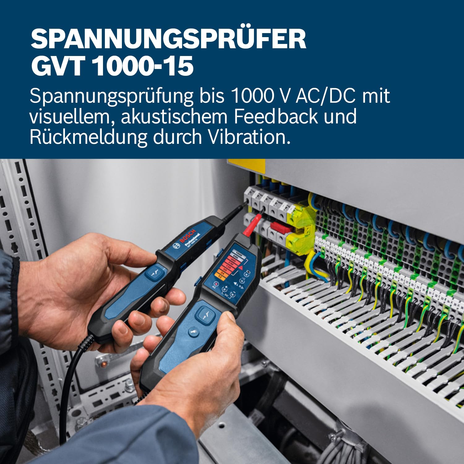 Bosch Professional Spannungsprüfer GVT 1000-15 (Spannungsprüfung bis 1000 V AC/DC, LED-Feedback, Summer, Vibrationsalarm, IP65, eingebaute Taschenlampe, 125 cm Kabel, 2x1,5 V LR03 (AA), Tasche)