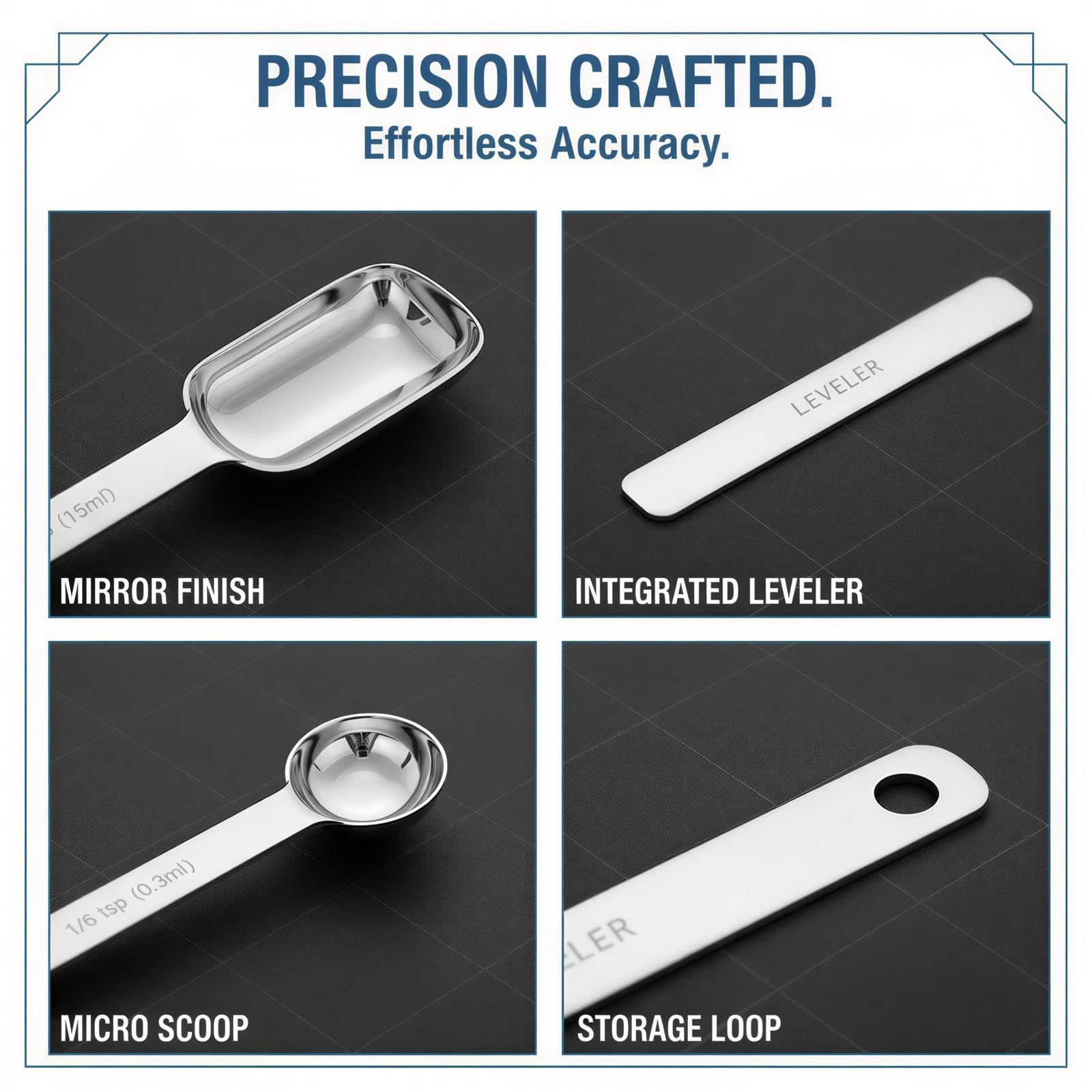Lot de 9 cuillères doseuses carrées en acier inoxydable avec niveleur, double graduation ml et tsp/tbsp, finition miroir, design empilable pour pâtisserie et cuisine