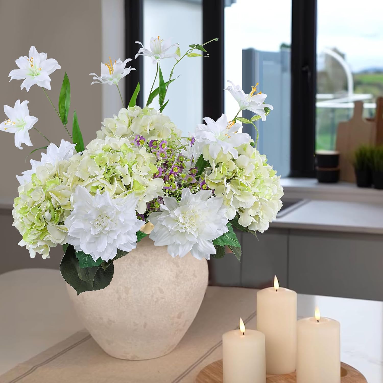 Coferset 3Pcs Green Hydrangea Artificial Flowers 24.8" Real Touch Large Faux Hydrangea Latex Fake Flowers with Bendable Stems for Indoor & Outdoor Decor, Wedding Bouquet Centerpieces(Light Green)