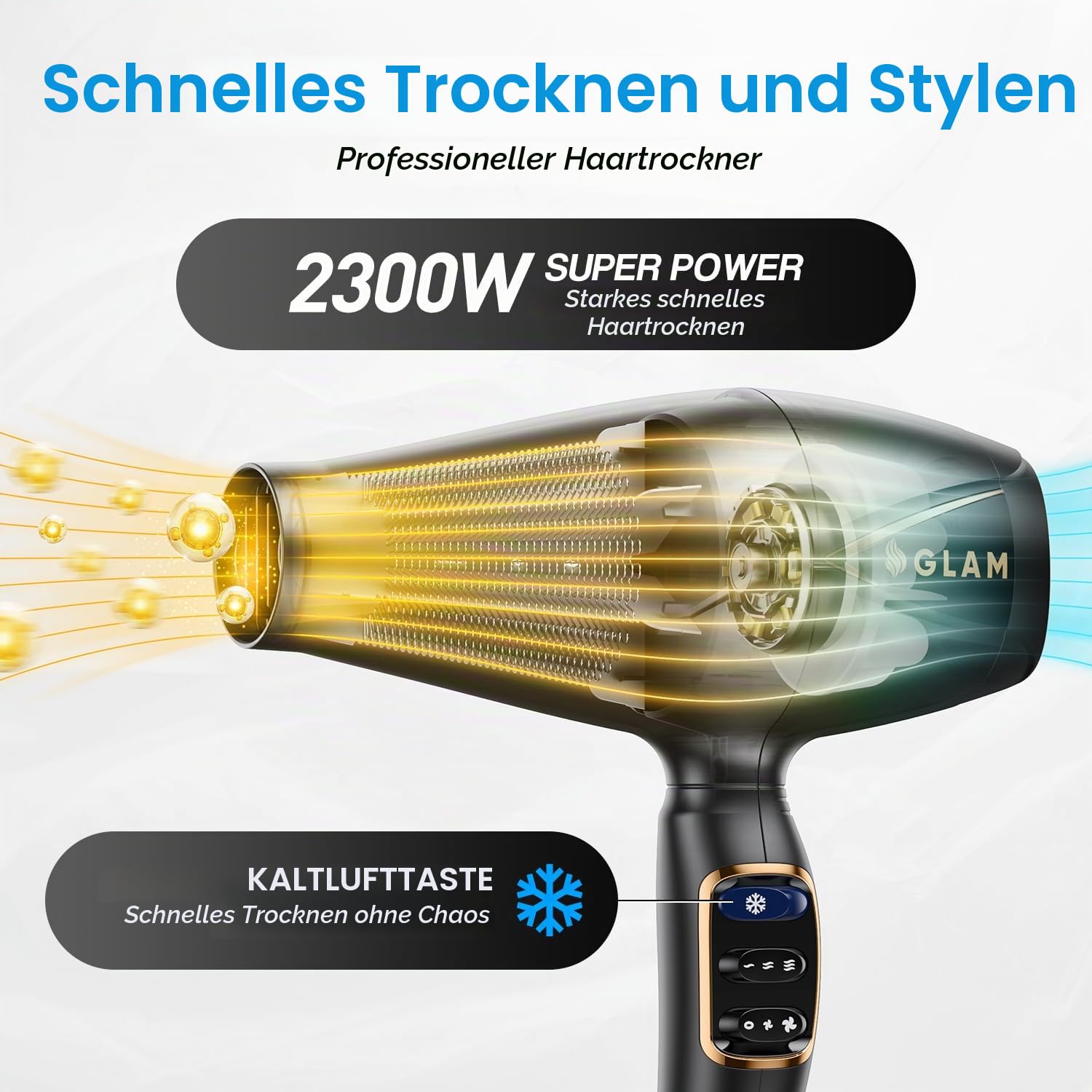GLAM Profi Haartrockner, Föhn 2300W Leistungsstarker AC Motor Schnell trocknend Ionen Haartrockner mit 2 Geschwindigkeiten 3 Heiz, Cool Shot Taste mit 1 Diffusor & 1 Konzentrator für Multi-Frisuren