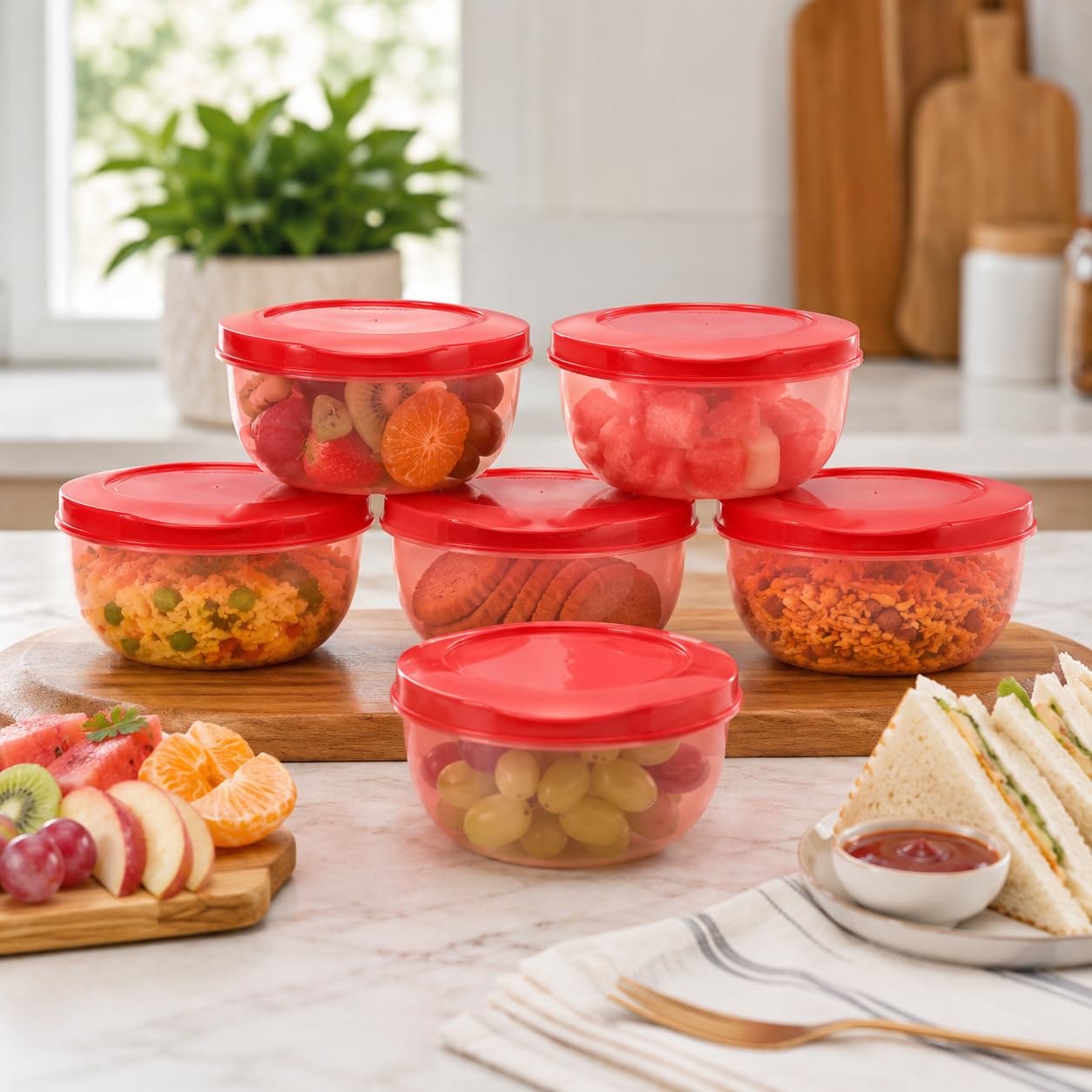Cutting EDGE Eco-Storage - Juego de 6 recipientes de plástico para cocina y refrigerador, color rojo, 900 ml