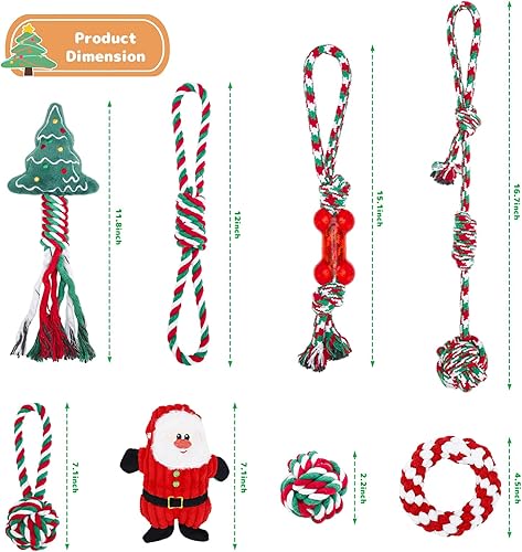 Miniatura 6 de Enido Juguetes masticables de Navidad para perros, paquete de 8 juguetes de cuerda para perros, juguetes de dentición para cachorros para perros de
