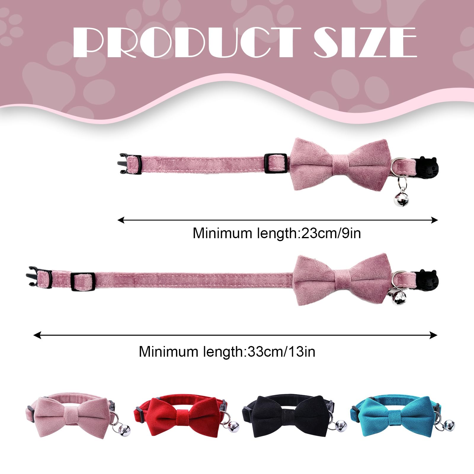 TUONYIS 4 Pcs Velvet Cat Collars with Bell, Adjustable Breakaway Cat Collars, Cat Bow Collar, Cat Bowtie, Black, Blue, Pink, Red - Image 2